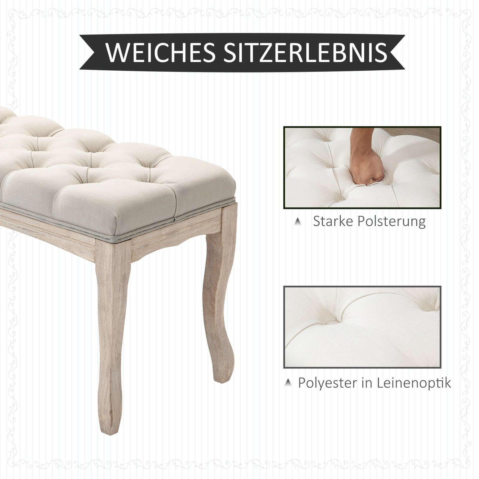 Upholstered bench vintage rubber wood linen beige closeup details