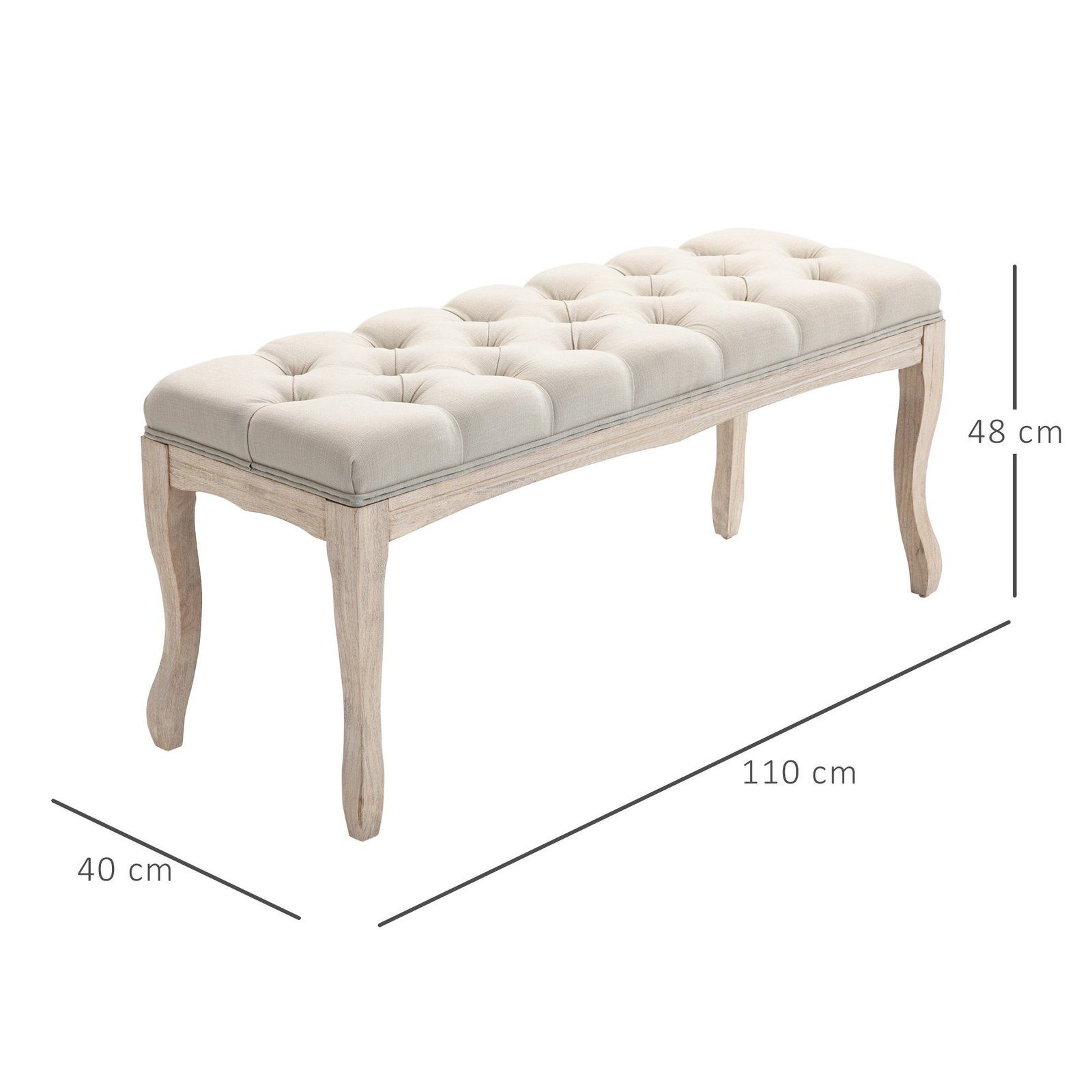 Upholstered bench vintage rubber wood linen beige with all dimentions