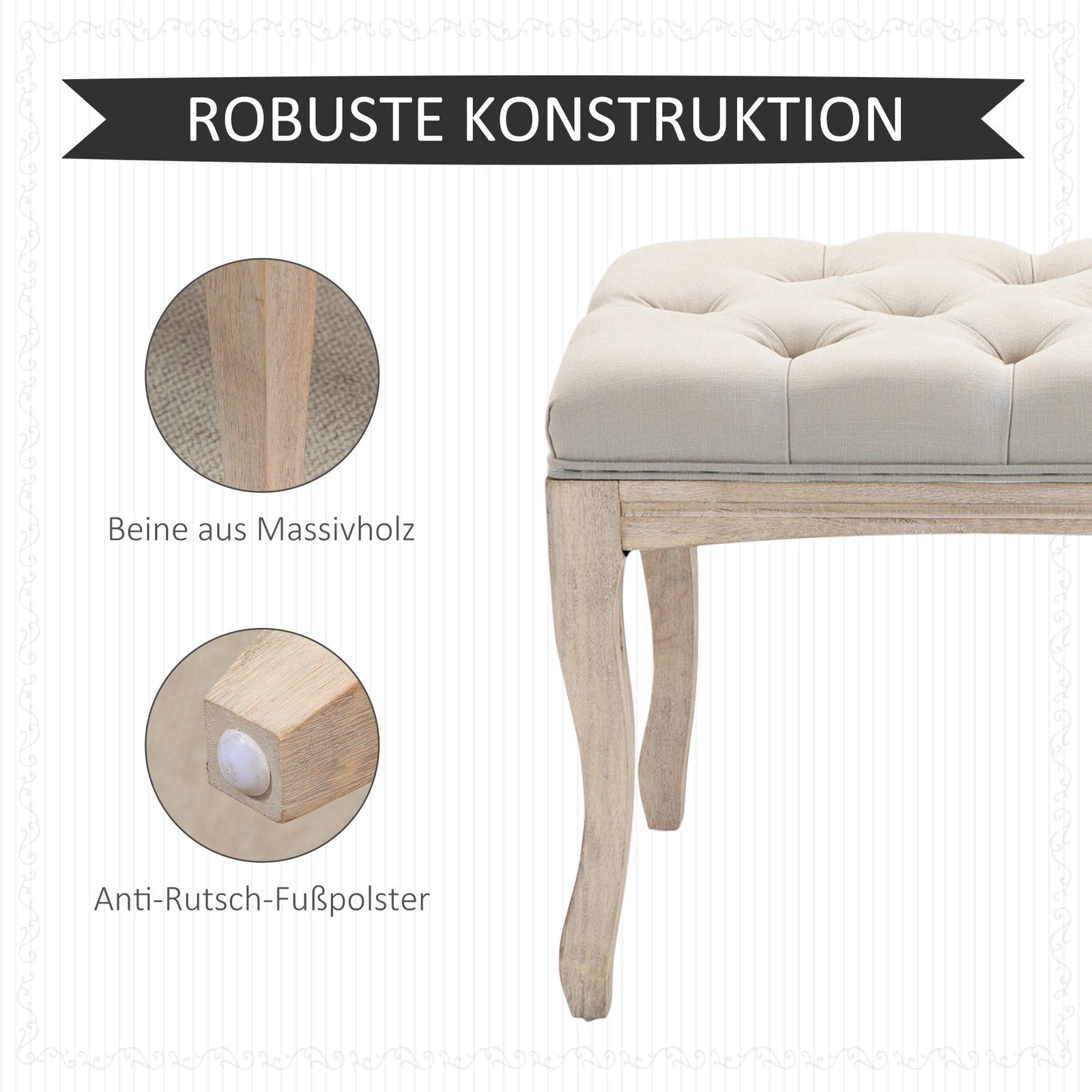 Upholstered bench vintage rubber wood linen beige zoomin details