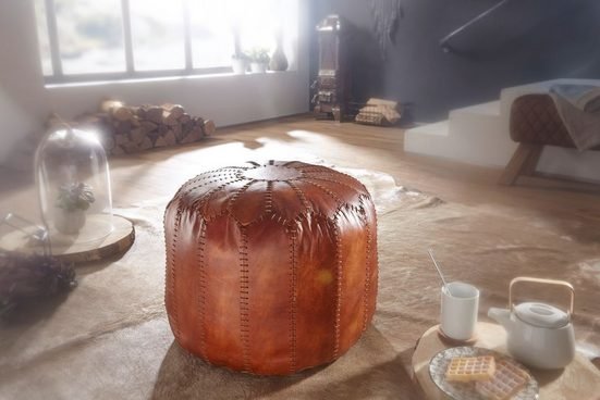 Upholstered stool FB54091 (real leather brown 52x40x52 cm ottoman living room), design pouf stool oriental, upholstered stool in living