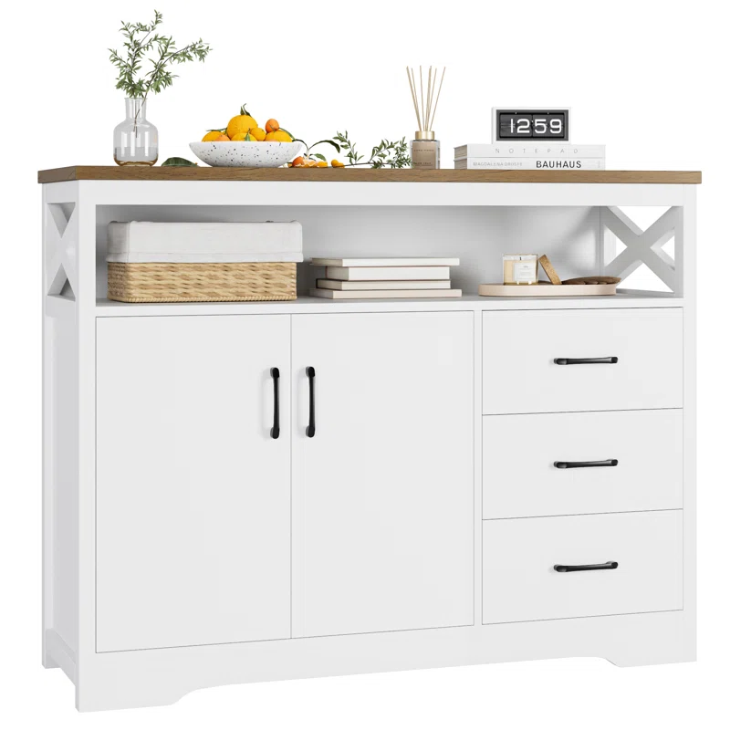 Wide Modern Storage Sideboard with Open Shelf, Cabinet, and Drawers png