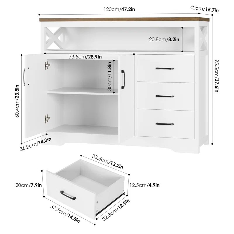 Wide Modern Storage Sideboard with Open Shelf, Cabinet, and Drawers with all dimentions