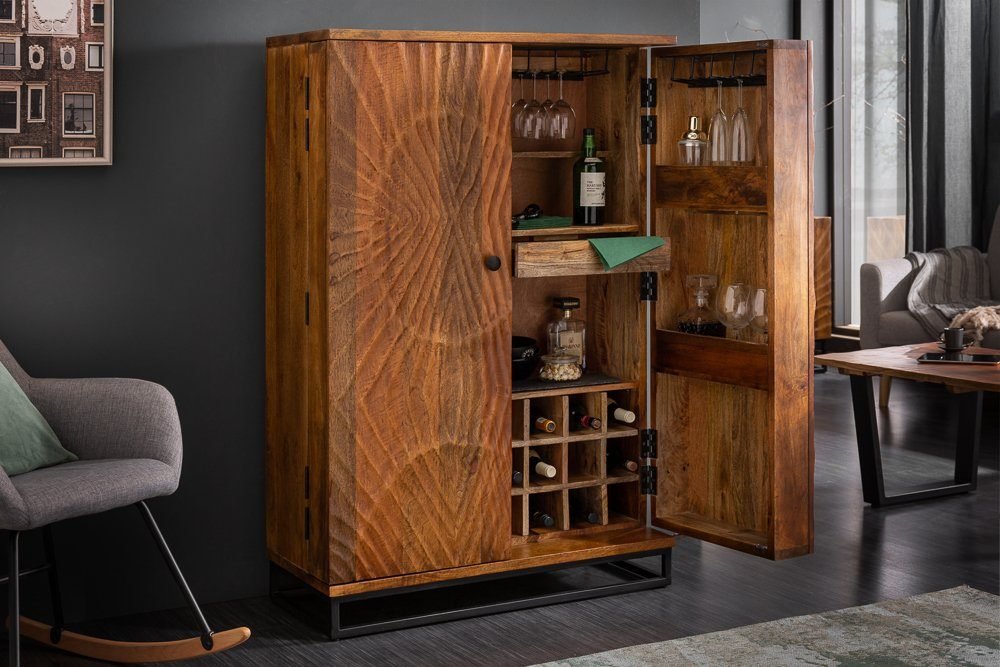 Bar cabinet SCORPION in Solid wood 3D carvings actual onsite open cabinet view