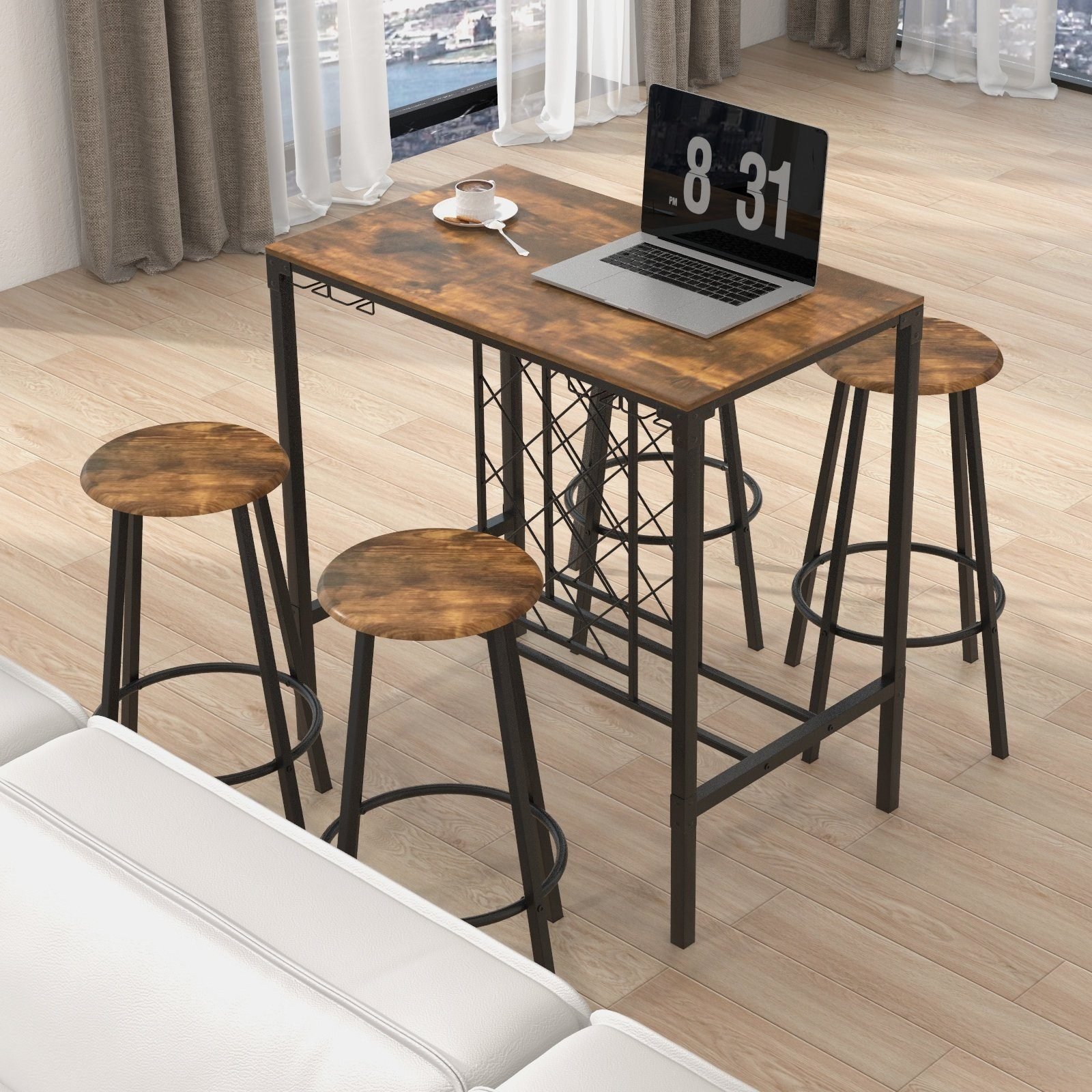 Bar table with stools wine rack and glass holder actual image on site view