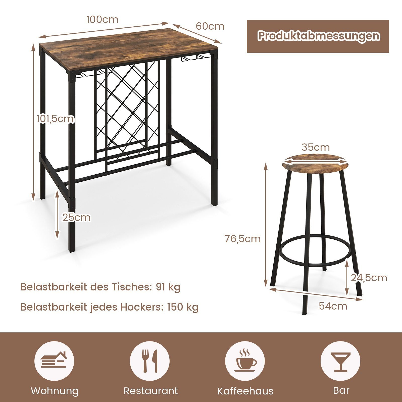 Bar table with stools wine rack and glass holder all dimentions