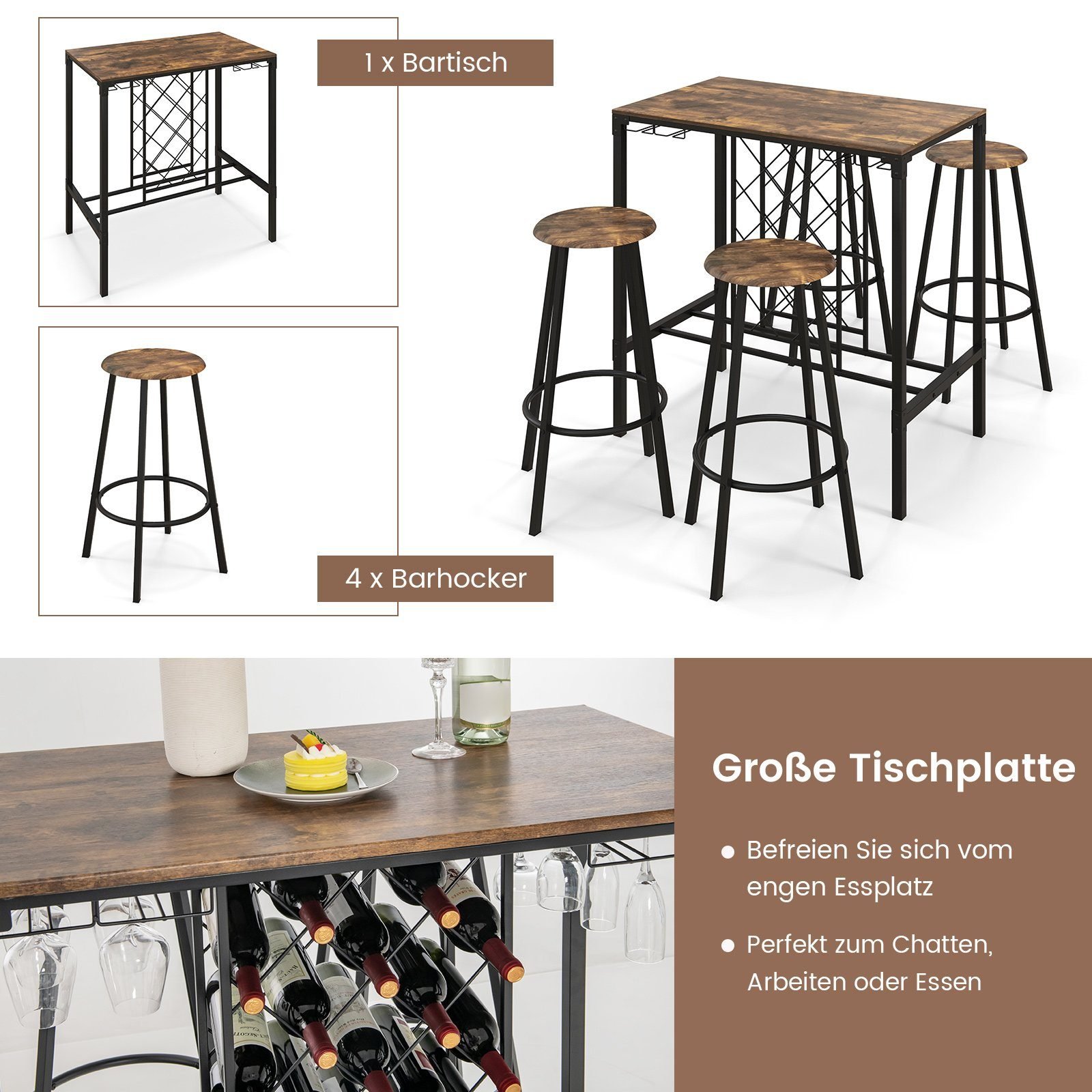 Bar table with stools wine rack and glass holder details