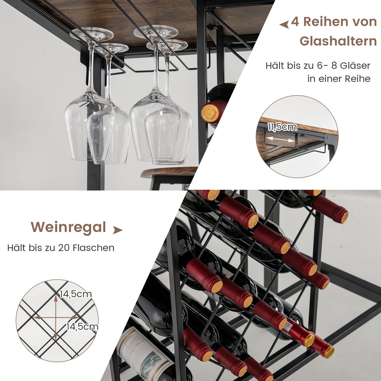 Bar table with stools wine rack and glass holder zoom in details