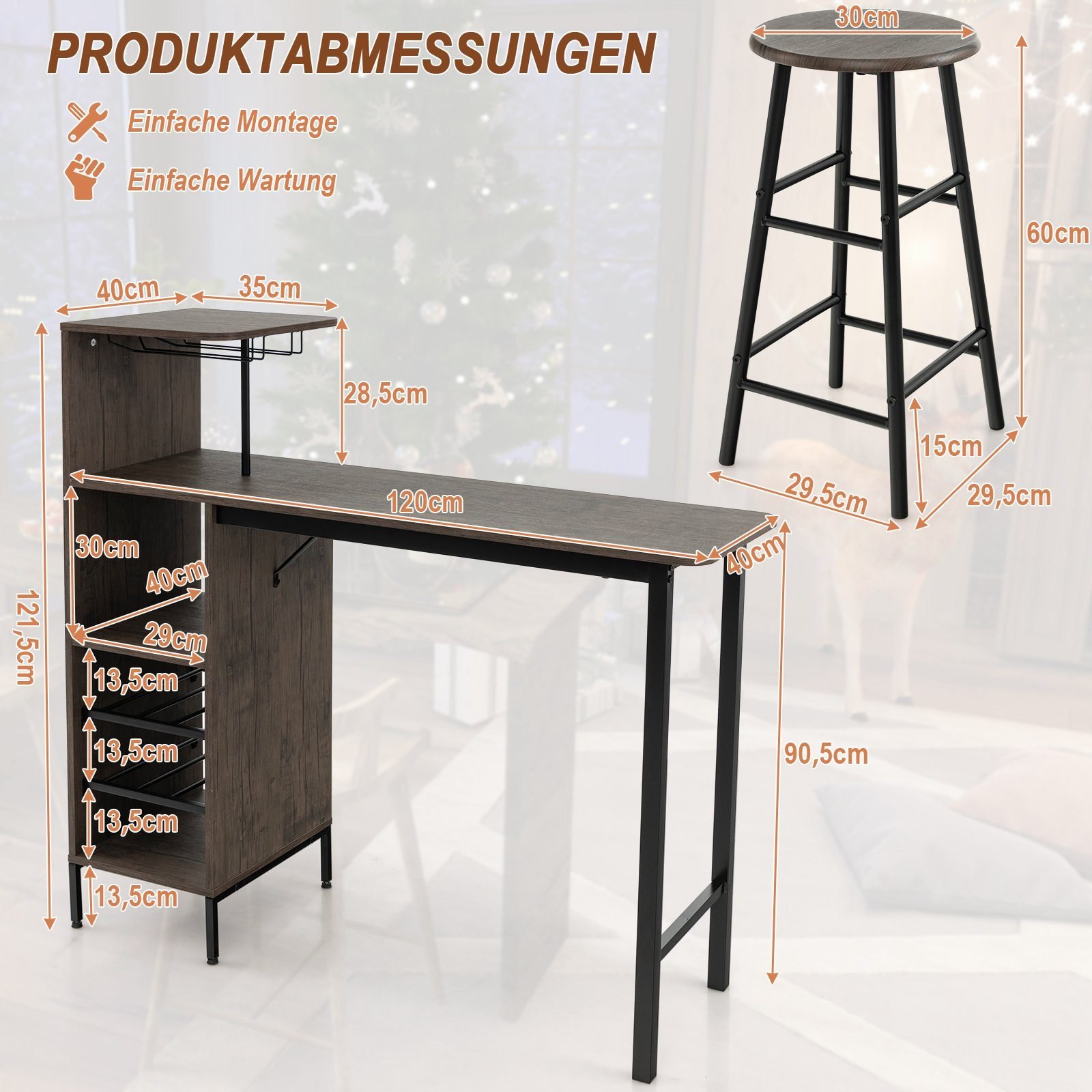 Bar table with wine rack holders & stools all dimentions