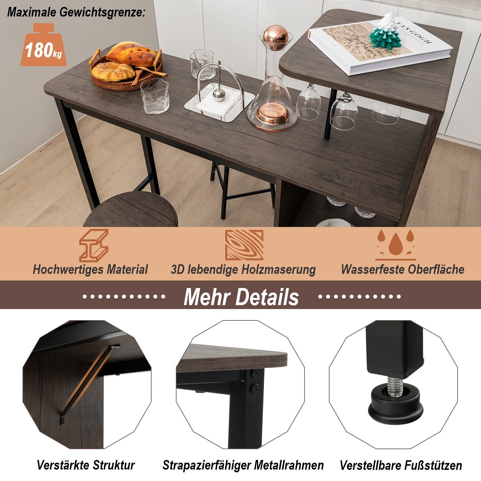 Bar table with wine rack holders & stools zoom in details
