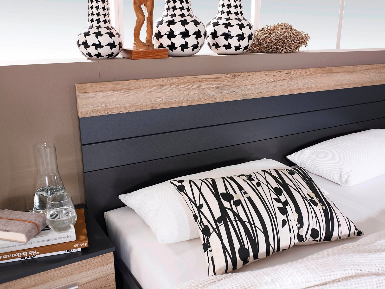Bedroom set sliding door wardrobe bed Bedside Tables closeup view