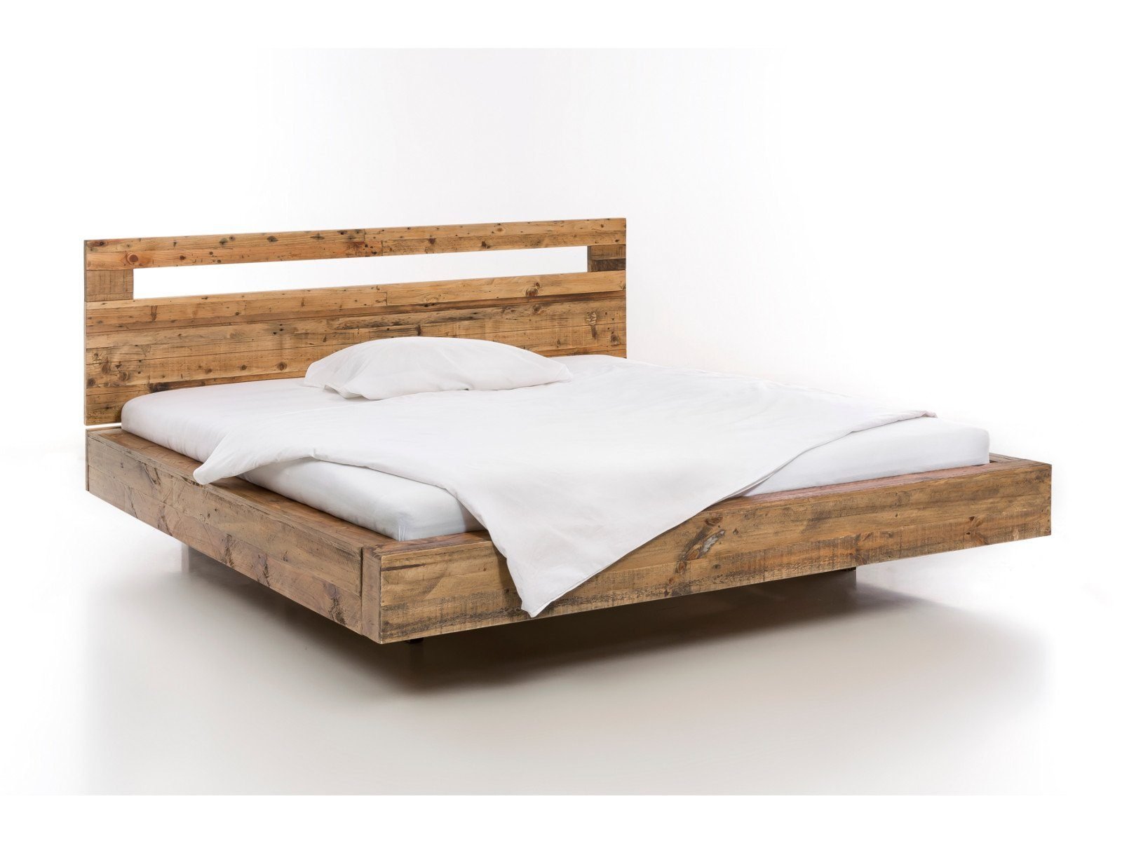 Solid wood bed Marton of rustic pine wood isometric view with metress