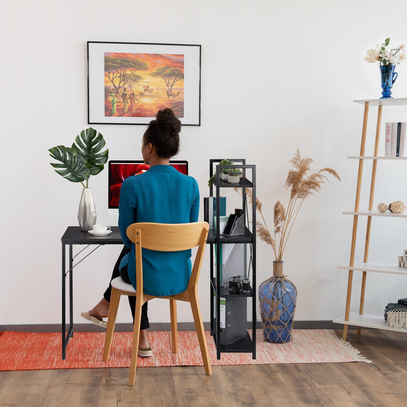 Steel frame Wooden Desk lady sitting