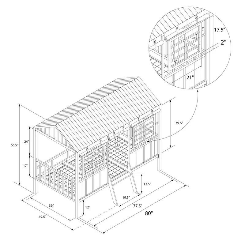 Twin Metal Loft Bed 3d modal with dimentions