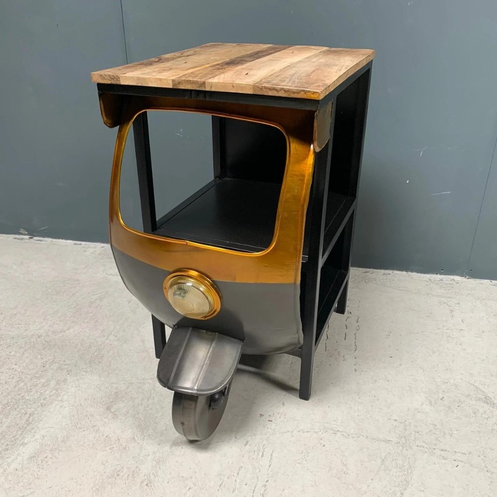 Vintage Industrial Style Indian Tuk Tuk Side Table side angle view