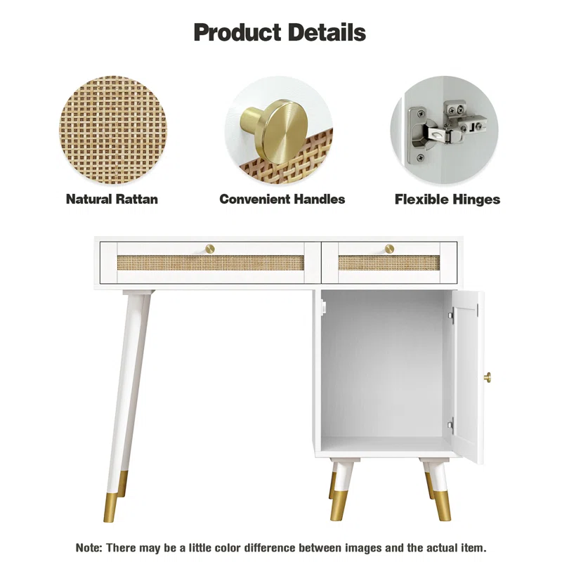 White Writing Desk With Drawer Cabinet details