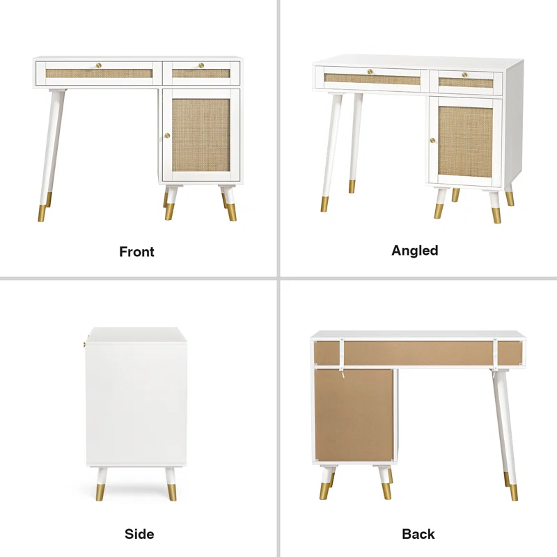 White Writing Desk With Drawer Cabinet different views
