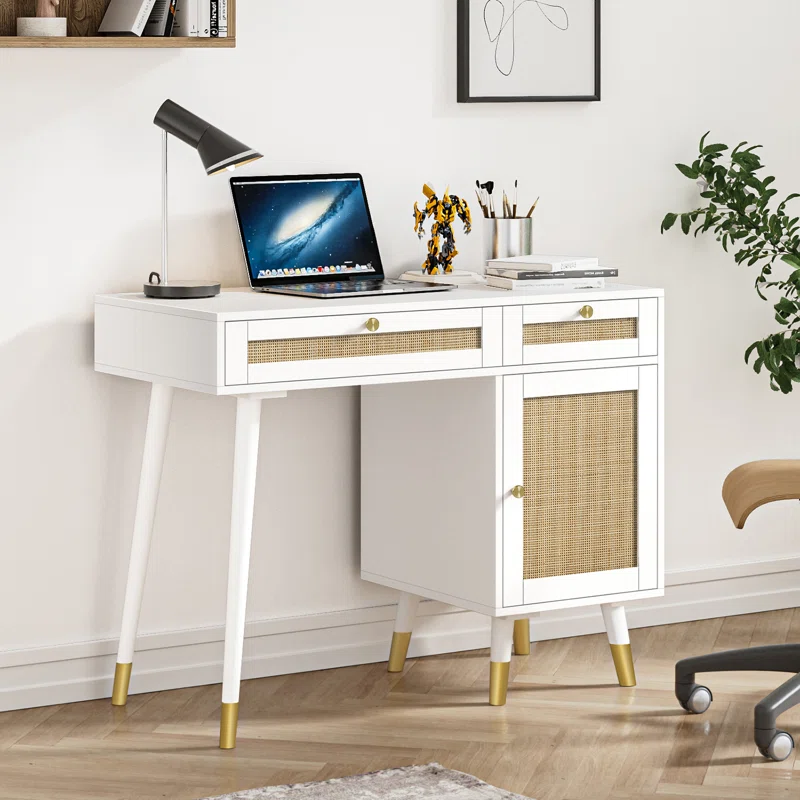 White Writing Desk With Drawer Cabinet in bedroom