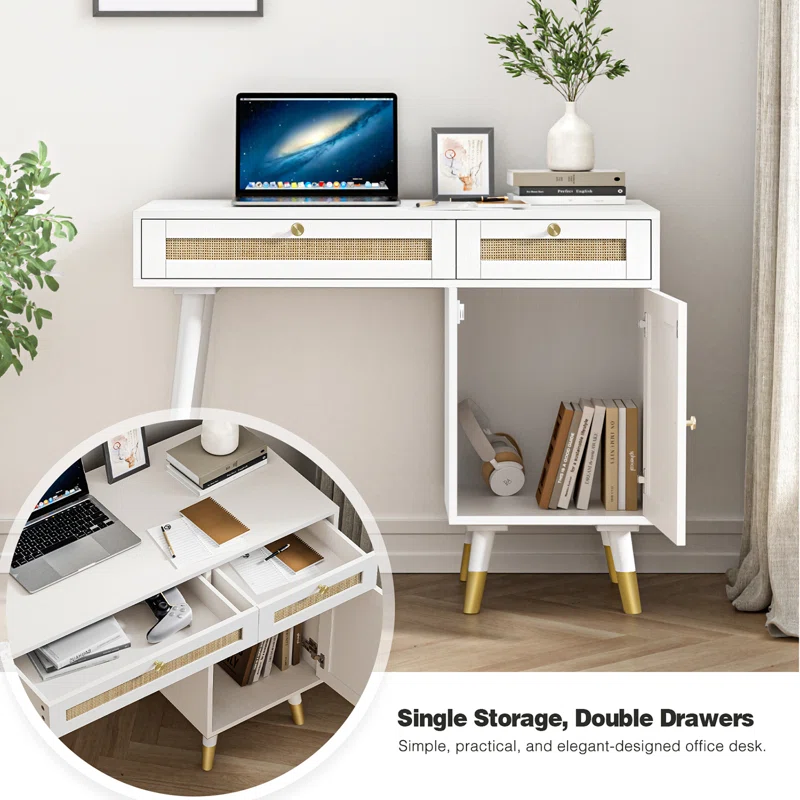 White Writing Desk With Drawer Cabinet in room details